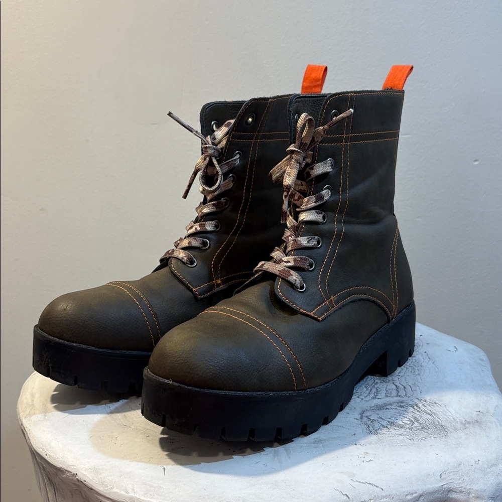 Seven7 Jodi Combat Boots, Chunky Lug Sole, Neon Safety Orange Tab + Camo Laces